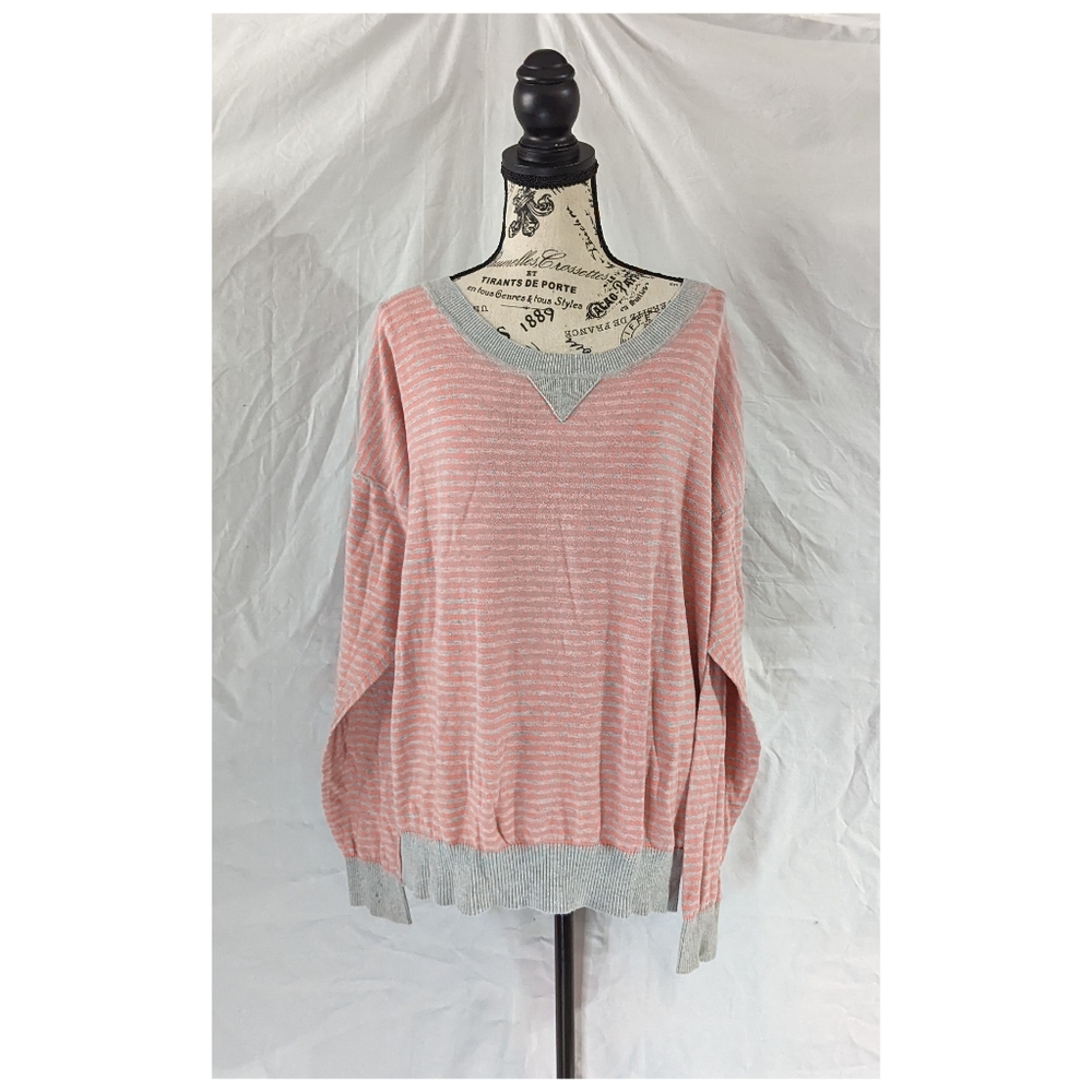 J. Crew Pink and Gray Striped Sweatshirt Style Lightweight Sweater, Size XL